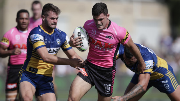 Nathan Cleary bursts through the Eels defence.