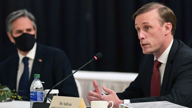 Secretary of State Antony Blinken (left) listens as National Security Adviser Jake Sullivan speaks at the opening session of US-China talks in Anchorage, Alaska.