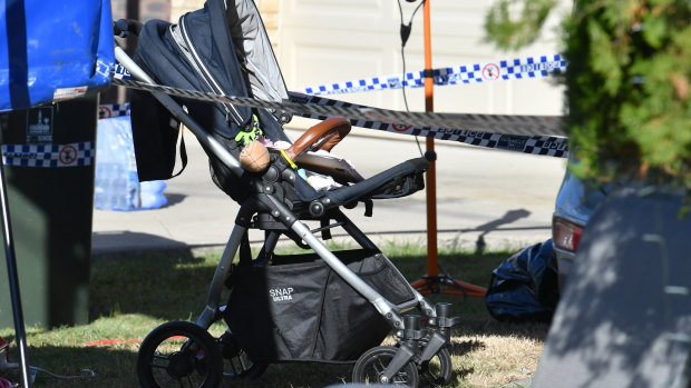 A pram is seen at a property in Cannon Hill, where the body of four-year-old Willow Dunn was found on Monday.