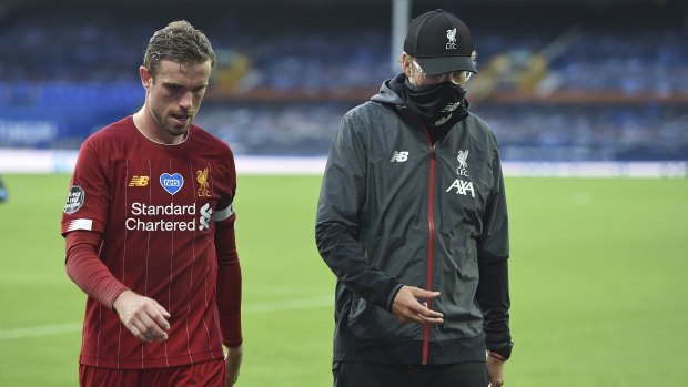 Liverpool's Jordan Henderson and manager Juergen Klopp following the goalless draw with Merseyside rivals Everton.