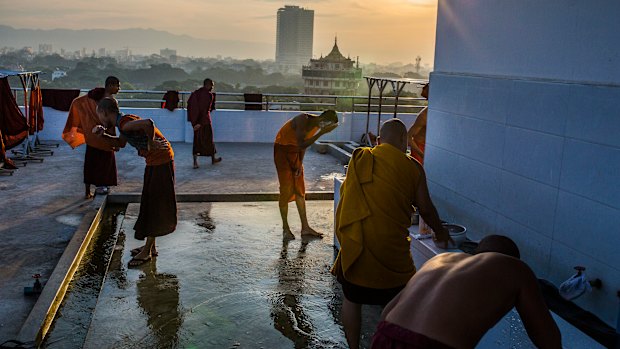 Buddhist monks and novices at the New Masoeyein monastery, the residence of Ashin Wirathu, spiritual leader of a hard-line anti-Muslim movement, in Mandalay, Myanmar.