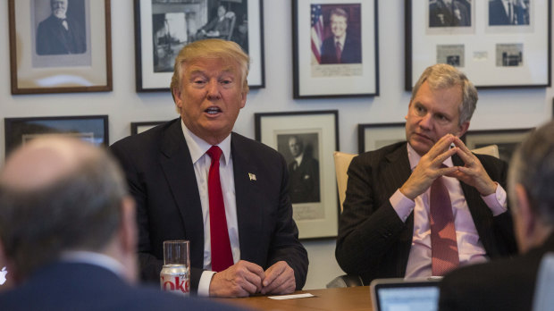 An earlier meeting between President-elect Donald Trump and New York Times staff including publisher A.G. Sulzberger in November, 2016.