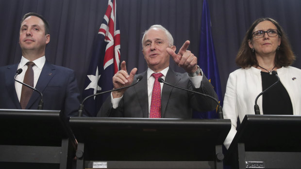 Minister for Trade Steven Ciobo, Prime Minister Malcolm Turnbull and Dr Cecilia Malmstrom, EU Trade Commissioner on  Monday.