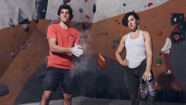Ben Abel and Emma Horan at Nomad Bouldering, where they train and work.