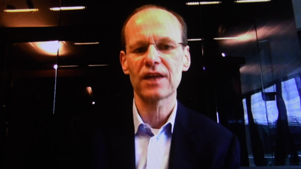 ANZ chief executive Shayne Elliott on a video call after releasing the bank's half-year profit.