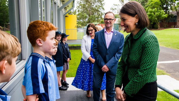 Premier Gladys Berejiklian meets students at Camden Public School on Monday.