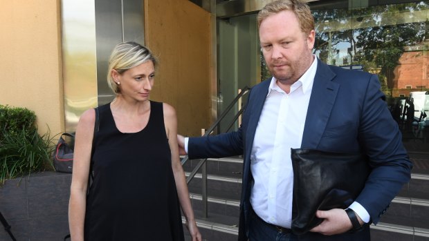 Margaret Pegum's son, James Pegum and his wife Ria leave the Glebe Coroners Court. 