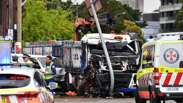 The truck crash on Botany Road at Green Square on Wednesday.