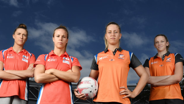 Derby day: NSW Swifts star Paige Hadley (second from left) is determined to defeat the Giants, who have won three of the teams' last four encounters.