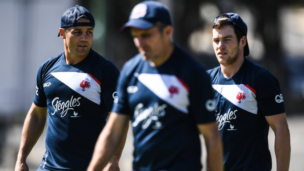 Half-chooks: Cooper Cronk (left) and Luke Keary (right) of the Sydney Roosters are seen during training in last week.