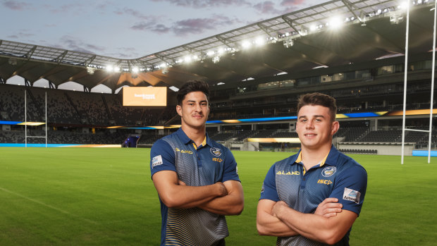 State of the art: Eels stars Dylan Brown and Reed Mahoney at Bankwest Stadium.