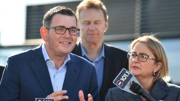 With Evan Tattersall behind him, Premier Daniel Andrews announces the rail line on Tuesday morning.