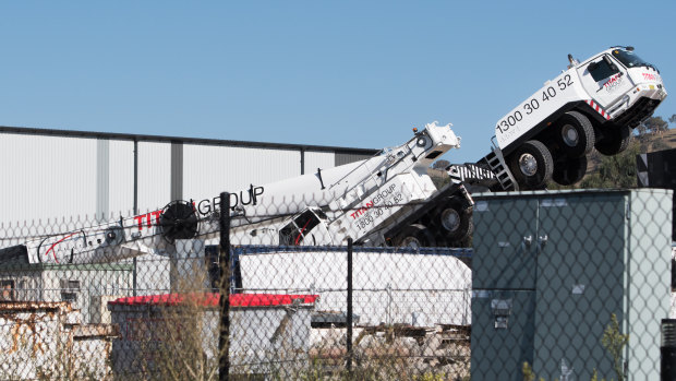 The crane toppled over in Hume on Sawmill Cct. 