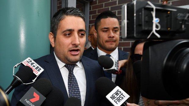 Statement: Leo Premutico, lawyer for Hayne, speaks to the media outside Burwood Local Court.