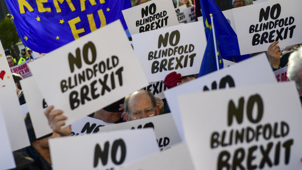 Demonstrators calling for a second Brexit referendum hold "No blindfold Brexit" signs as they protest near the House of Parliament.