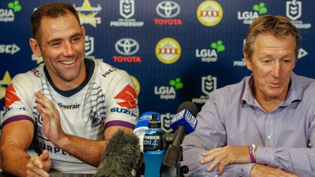 A relieved Cameron Smith and Storm coach Craig Bellamy enjoy the post-game conference.,