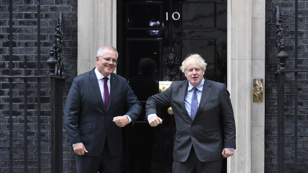 Prime Minister Scott Morrison with British Prime Minister Boris Johnson outside Downing Street.