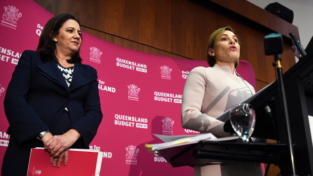 Treasurer Jackie Trad (right) and Premier Annastacia Palaszczuk are seen during a press conference in the state budget media lockup.