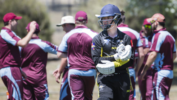 Ginninderra's Matthew Hogan leaves the crease after being bowled out.