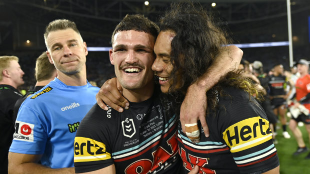 Nathan Cleary and Jarome Luai celebrate victory in last year’s grand final, their third straight premiership win together.