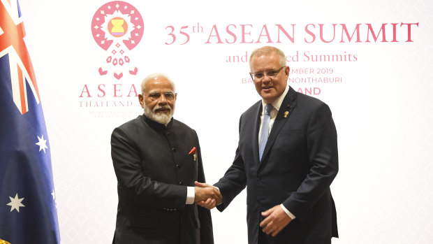 Prime Minister Scott Morrison with his Indian counterpart, Narendra Modi, in Bangkok. 