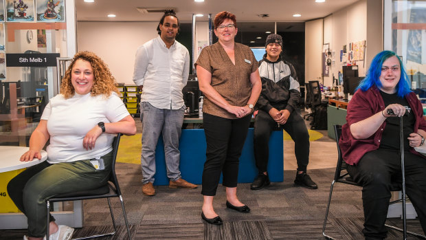 Last day of term for the new South Melbourne campus for independent Hester Hornbrook Academy. 
From left, support worker Amanda Haddad, student Eliud Alemayo Temesghen, principal Sally Lasslett and students Tyrese Polutele-Garrigos and Ceil McPherson.