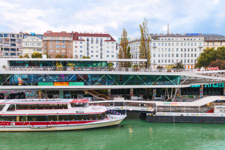 Danube channel cruise port near Vienna’s Schwedenplatz square. 