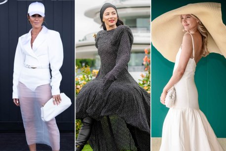 Derby Day: PE Nation designer Pip Edwards wearing Lillian Khallouf; model Jessica Gomes in Jordan Dalah; reporter Holly Stearnes.