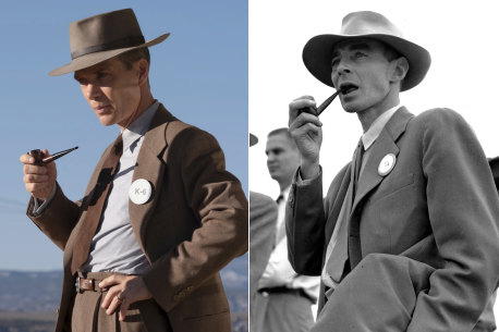 s Cillian Murphy as Dr. J. Robert Oppenheimer in a scene from “Oppenheimer,” left, and physicist Dr. J. Robert Oppenheimer on  the test ground for the atomic bomb in 1945.