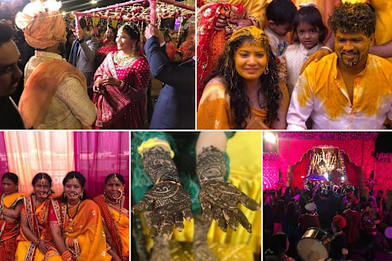 Clockwise from left: the bride and groom; the couple is anointed
with turmeric for good luck; the bharat parade arrives at the wedding;
the intricate, customary bridal henna patterns; guests at the wedding.