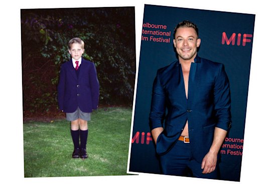 Above, left: Pocock aged seven in his first year at Sydney’s Redfield, an Opus Dei school. Right: at a 2023 premiere in Melbourne for a film in which he plays an exorcist.