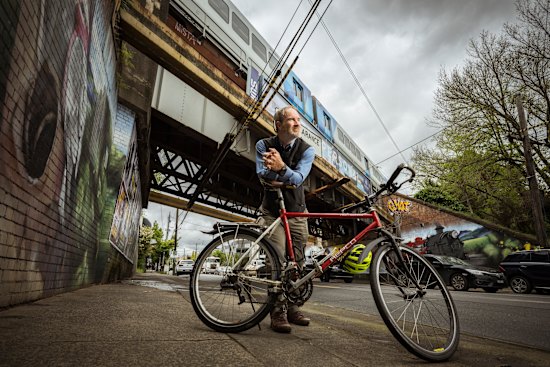 Peter Campbell from the Boroondara Bicycle Users Group, at the railway bridge overpass over Toorak Road, Camberwell.