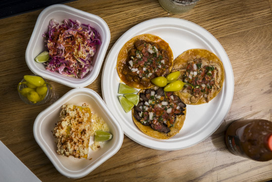 The taco plate with two sides, corn and slaw, at Tacos y Liquor, Geelong.
