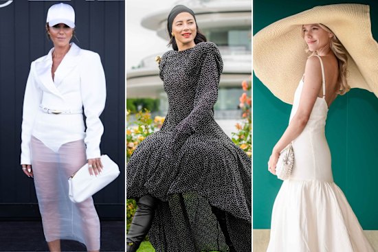 Derby Day: PE Nation designer Pip Edwards wearing Lillian Khallouf; model Jessica Gomes in Jordan Dalah; reporter Holly Stearnes.