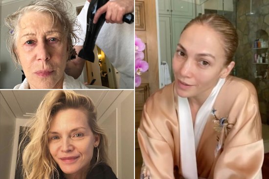 Clockwise from top left: Helen Mirren, Jennifer Lopez, and Michelle Pfeiffer are all fans of the make-up free selfie.