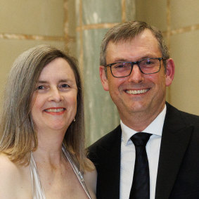 Rhonda and David Crowe arrive at the Midwinter Ball in Parliament House on Wednesday evening.