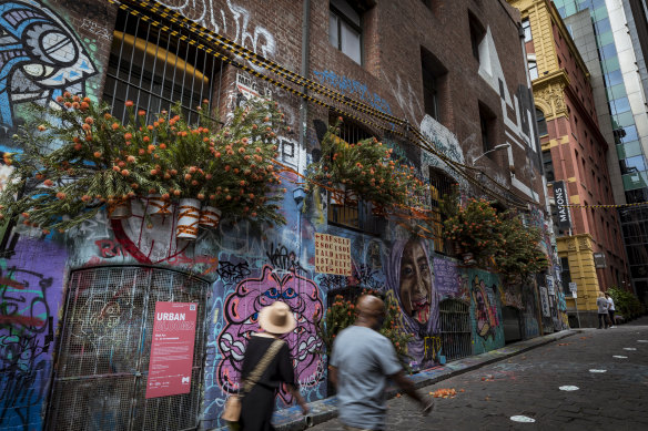 Hosier Lane, where pedestrians take selfies in front of the ever-changing street art canvas. 