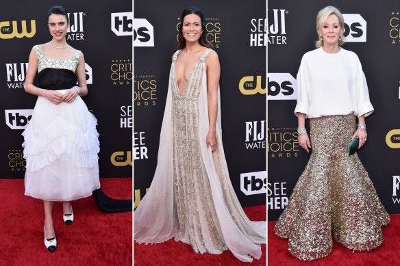 White on the night. Margaret Qualley in Chanel, Mandy Moore in Elie Saab and Jean Smart in Valentino at the Critics Choice Awards.
