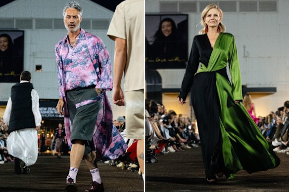 Filmmaker and actor Taika Waititi in Zambesi and former Miss Universe Lorraine Downes in Paris Georgia were among those to walk the “Into the Archives” opening night runway show.