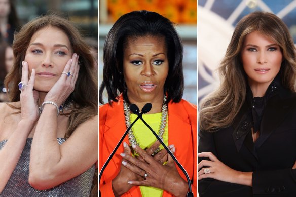 Carla Bruni in Cannes in 2023 has a substantial jewellery collection but is rarely seen with her engagement ring. Michelle Obama with her original single solitaire ring in 2012. Melania Trump’s official portrait with her replacement ring in 2017.