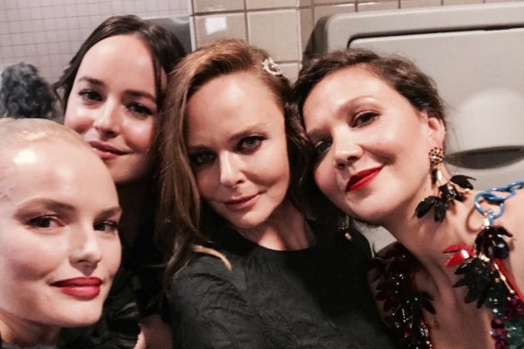 Bathroom crew ... (from left) Kate Bosworth, Dakota Johnson, Stella McCartney and Maggie Gyllenhaal in 2017.