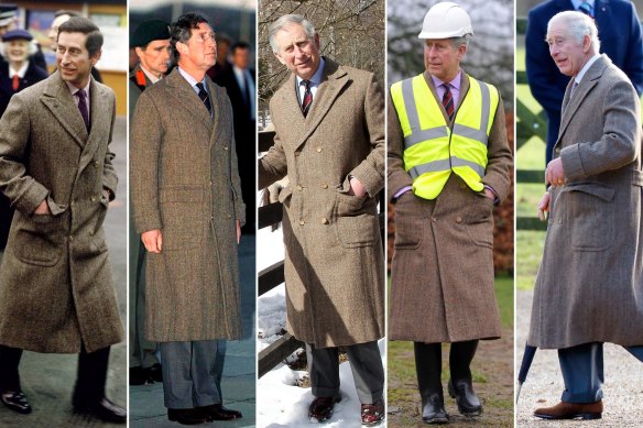 King Charles’s coat of many decades worn in 1986, 1999, 2008, 2010 and 2023.