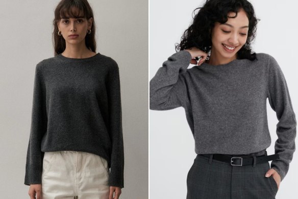 A cashmere jumper from Scandinavian label The Curated (left) and from Uniqlo.