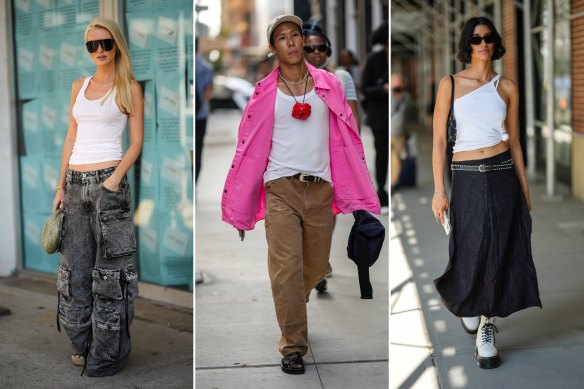 White tank tops anchored the street style looks outside the shows at New York Fashion Week and the trend continues in Milan.