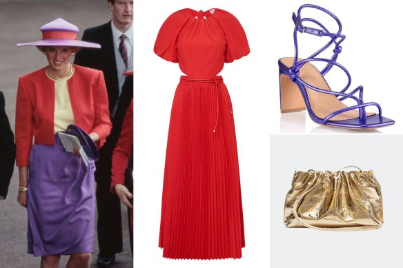 Princess Diana in a Catherine Walker suit at Ascot raceourse in 1990; a Rebecca Vallance puff-sleeve midi-dress, $649; Siren block heel sandals, $189.95, Myer; A-esque puffa clutch, $600.
