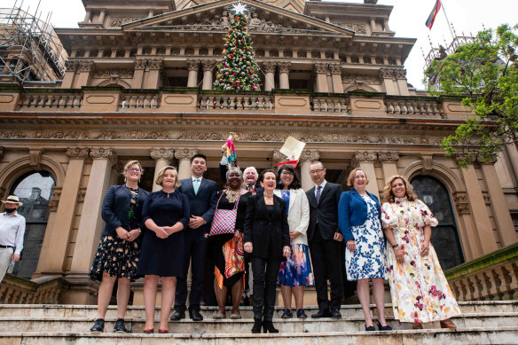 City of Sydney councillors Sylvie Ellsmore, Linda Scott, HY William Chan, Emelda Davis, Lord Mayor Clover Moore, Jess Scully, Robert Kok, Shauna Jarrett and Yvonne Weldon in December 2021.