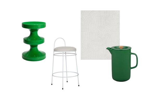 “Bishop” stool; “Archie” stool; “Zen” rug; “Oiva” coffee press.