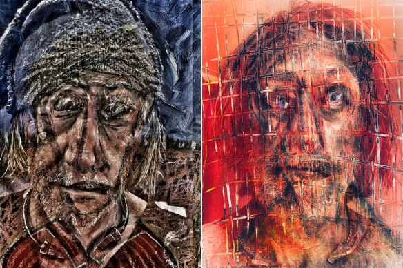 Two of Geoff Morrell’s artworks, which he painted while filming The Rings of Power. Unbeknowst to him at the time, a brain tumour was growing behind his right eyebrow. Only after surgery did he notice he had painted these faces with a slight swelling above the eyelid – exactly where his tumour was.