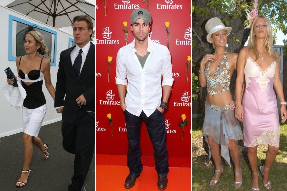 Bec and Leyton Hewitt at Flemington Racecourse in 2006; Enrique Iglesias ignoring the rules in 2010; Paris and Nicky Hilton at the Melbourne Cup in 2003.