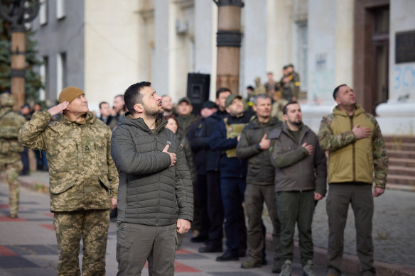 Ukraine President Volodymyr Zelensky
celebrating the liberation of Kherson in early November.